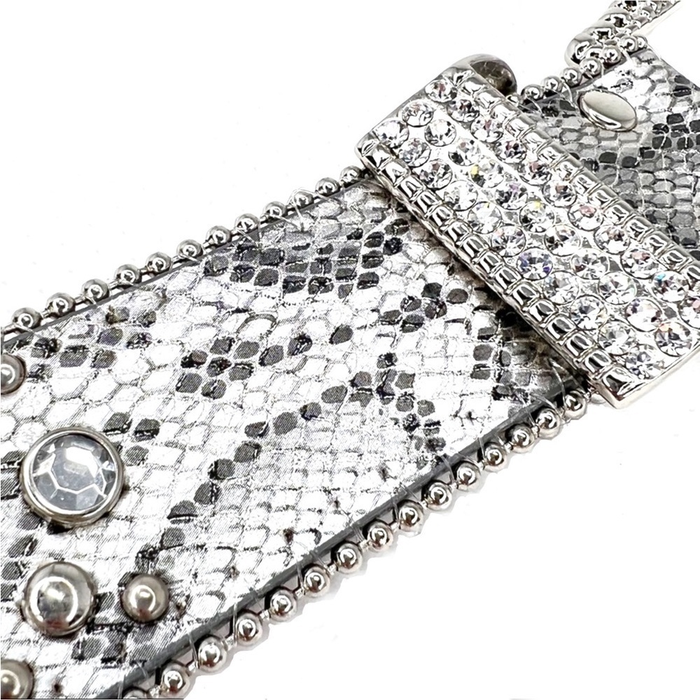 Chico’s Belt “Celestial” Python Snake Pattern Rhinestones Silver Studded Medium - Picture 4 of 9